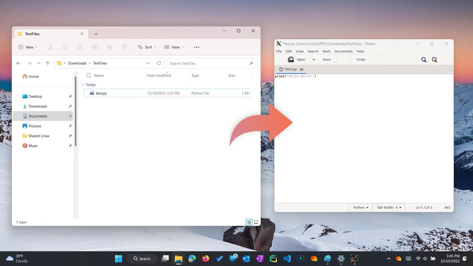 A Python file in Windows File Explorer opening directly into Pluma, a Linux editor running under WSL