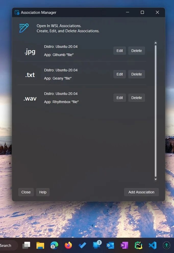Association Manager listing file types mapped to Linux applications: .jpg to GThumb, .txt to Geany, .wav to Rhythmbox
