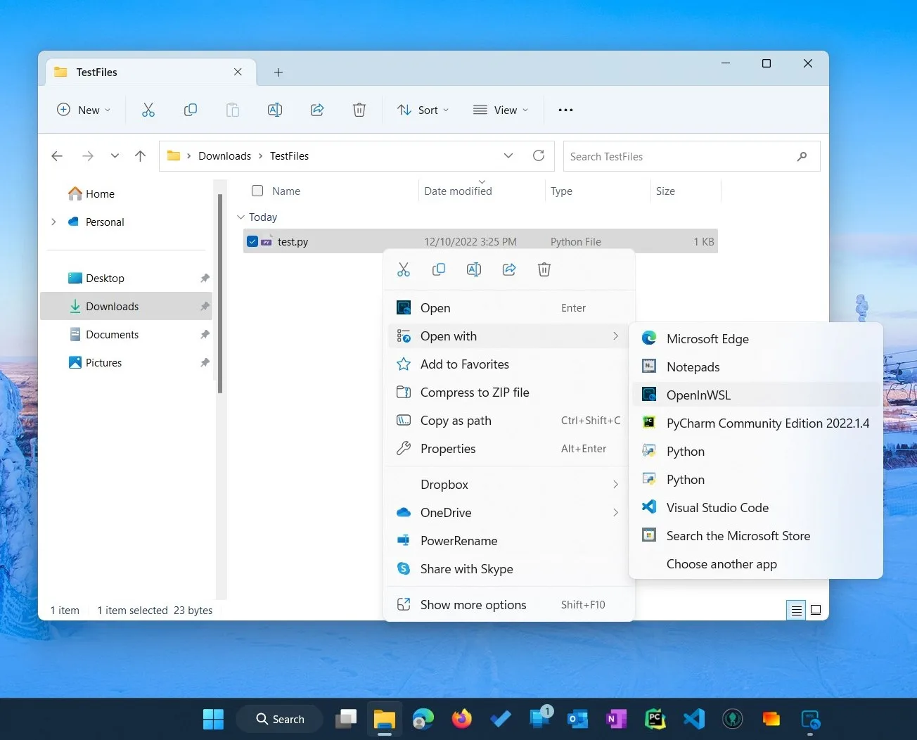Windows File Explorer right-click menu with OpenInWSL offered under Open with, alongside native Windows applications