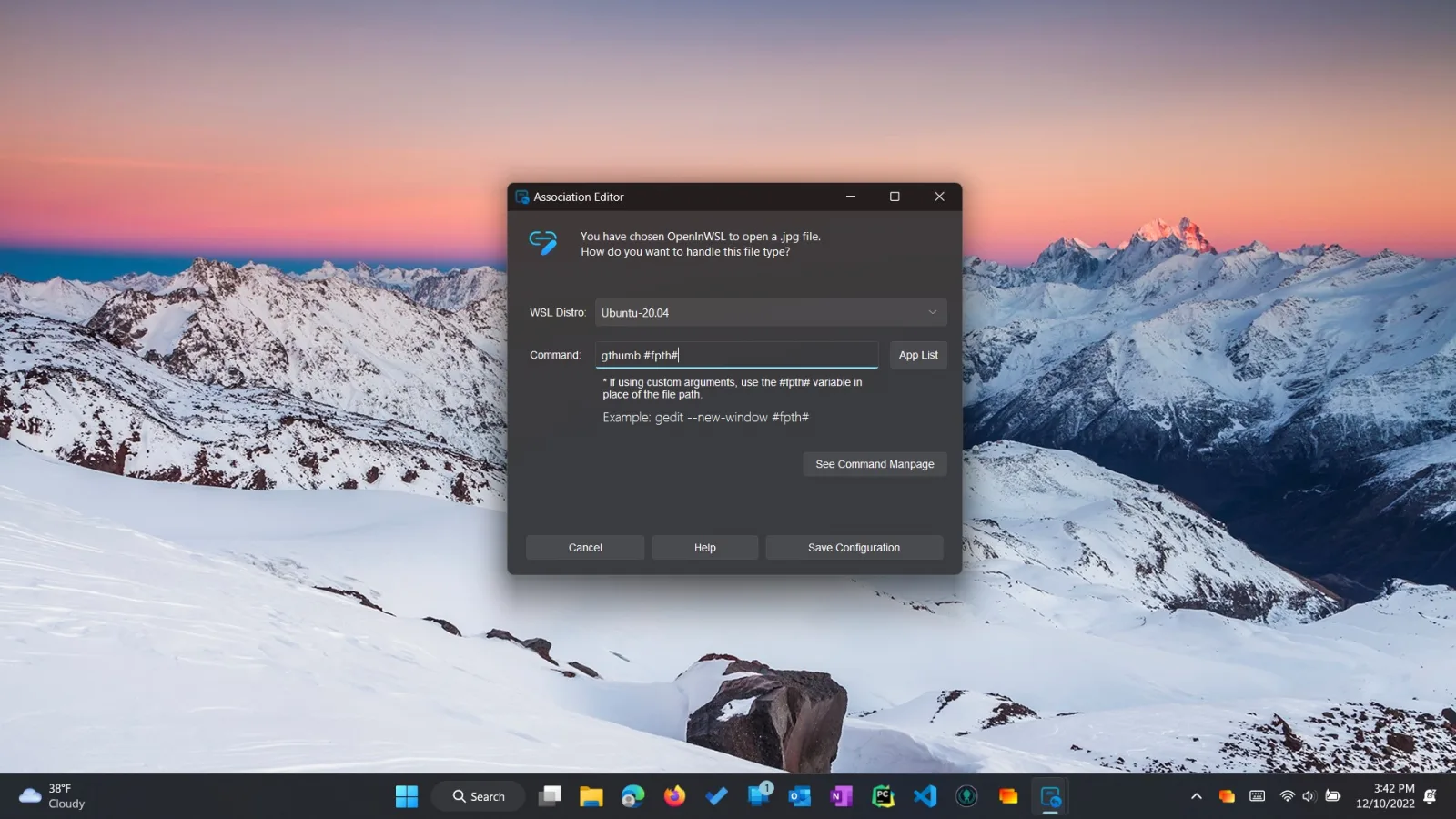 Association Editor setting the command gthumb with a file path variable as the handler for .jpg files on Ubuntu 20.04